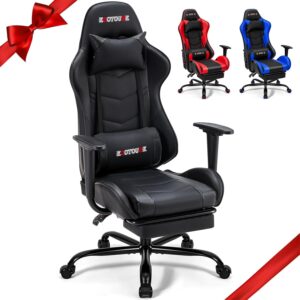 ECOTOUGE PC Massage Gaming Chair with Footrest Ergonomic Office Desk Chair Racing PU Leather Recliner Swivel Rocker with Headrest and Lumbar Pillow, Black