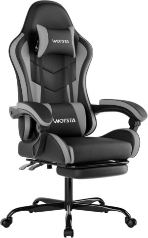 Gaming Chair with Footrest, Ergonomic Gaming Chair, Computer Chair with Lumbar Support, Headrest, Height Adjustable PC Chairs with 360° Swivel Seat for Office or Gaming BlackGrey