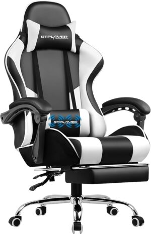 GTPLAYER Gaming Chair, Computer Chair with Footrest and Lumbar Support, Height Adjustable Game Chair with 360°-Swivel Seat and Headrest and for Office or Gaming (Snow White)